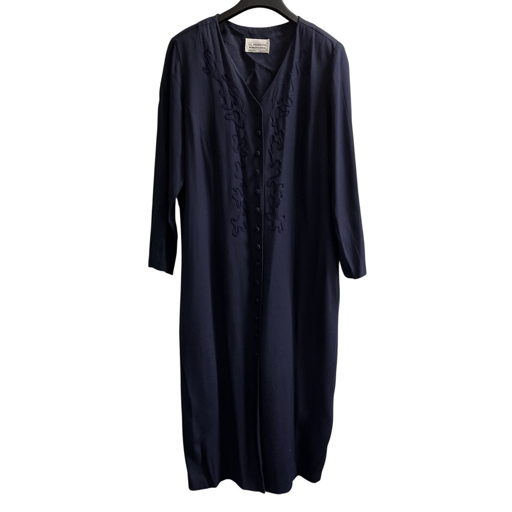 Vintage SLR Fashions Dress Blue Button Down Embroidered Maxi Modest 80s Event